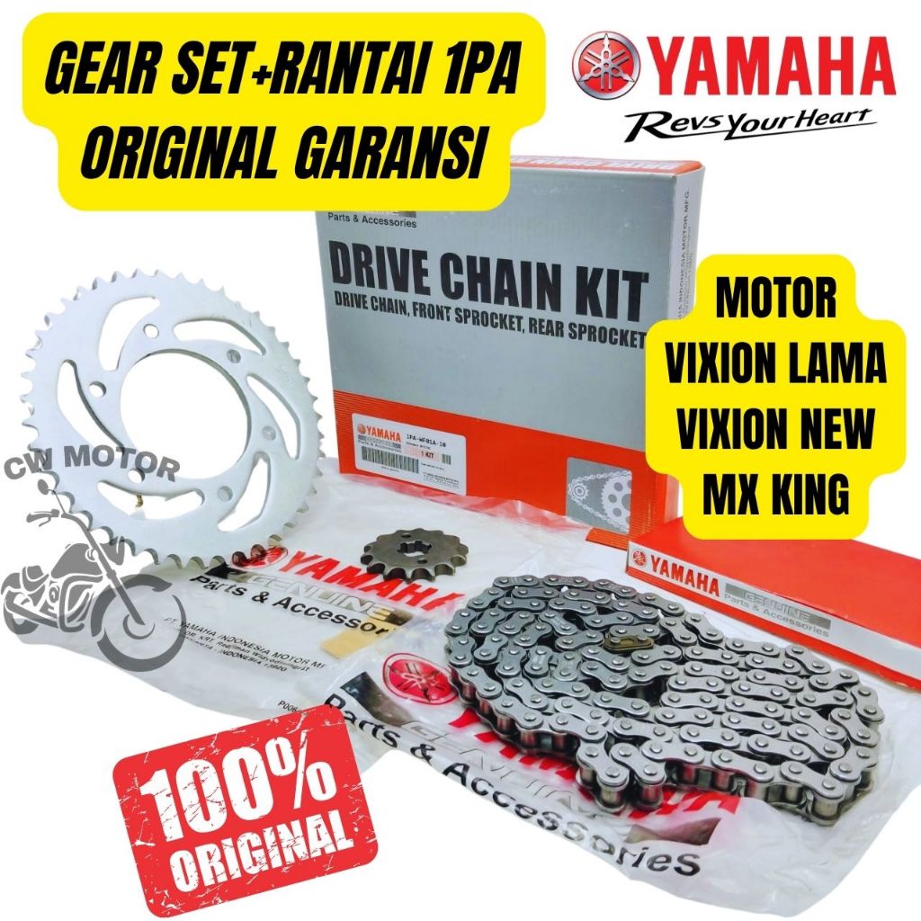 GEAR SET+RANTAI YAMAHA KODE 1PA MOTOR VIXION NEW VIXION OLD MX KING 100% ORIGINAL (GARANSI)