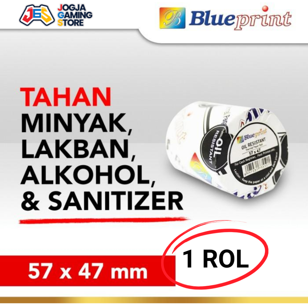

KERTAS THERMAL KASIR STRUK POS BLUEPRINT 57X47 mm Oil Resistant TAHAN LAKBAN - 1 Rol