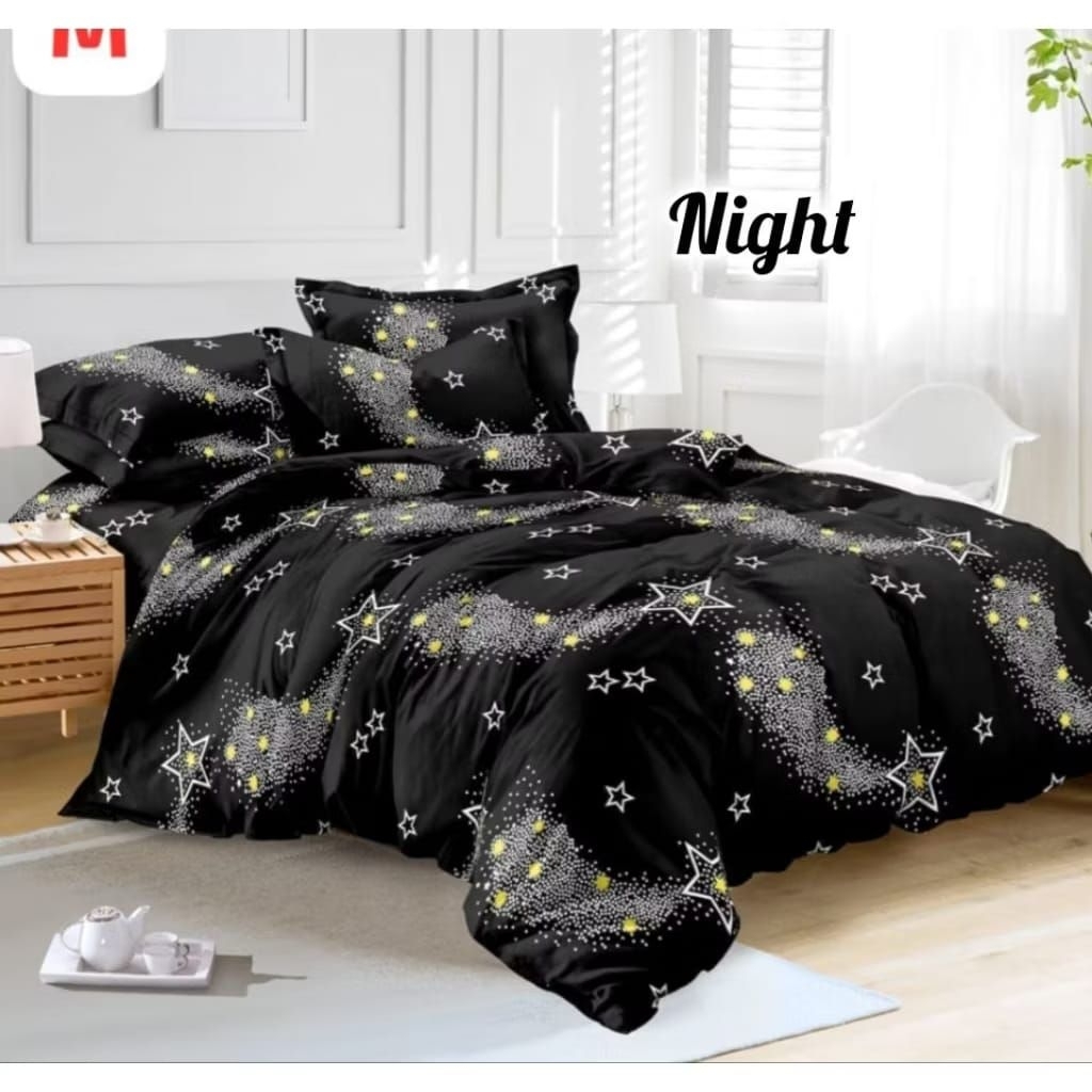 SPREI KARET KATUN PREMIUM 90/100/120/140/160/180/200 motif Star bintang midnight navy hitam black