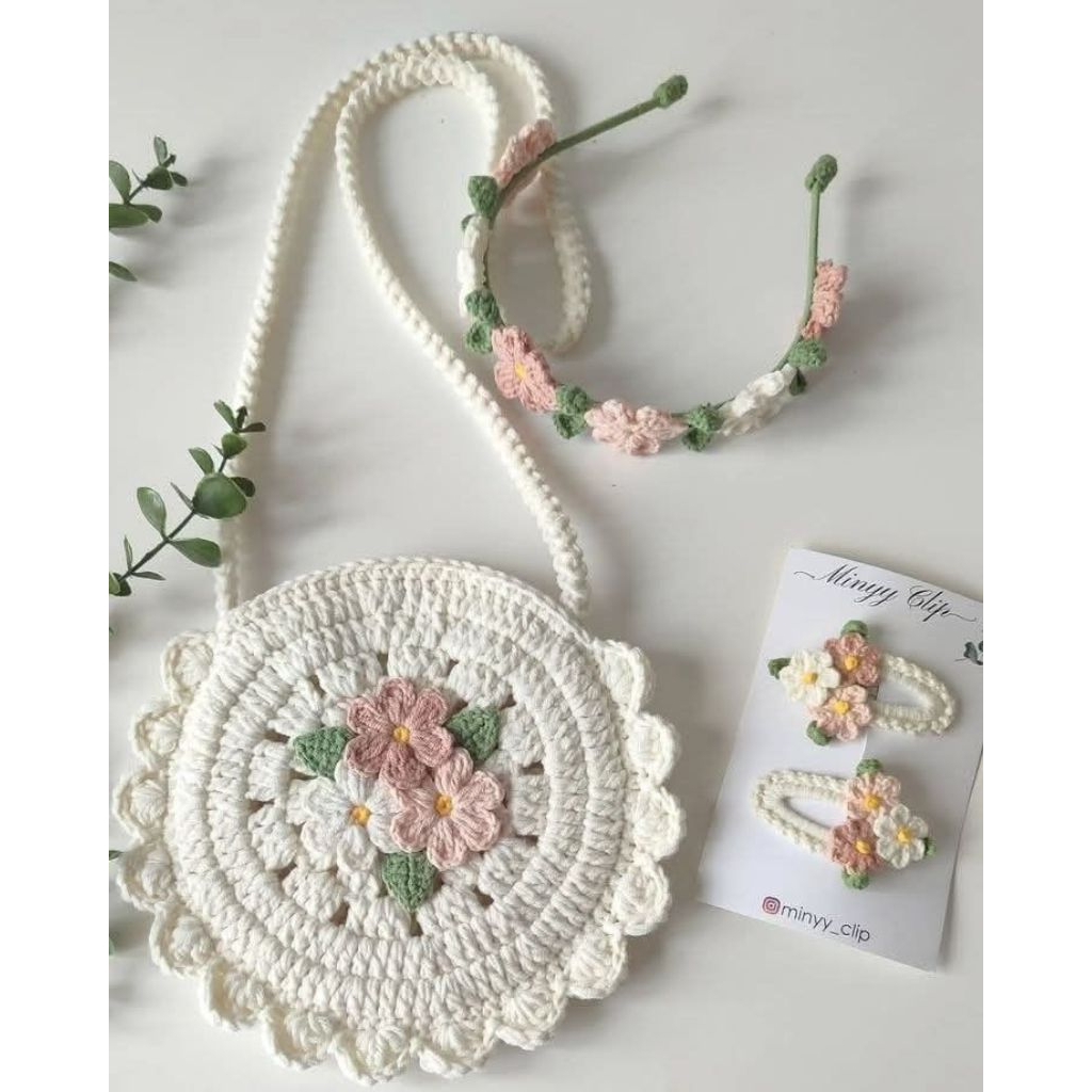 [RCB03] Tas Rajut Anak Remaja | Tas Bulat Renda Bunga | crochet bag