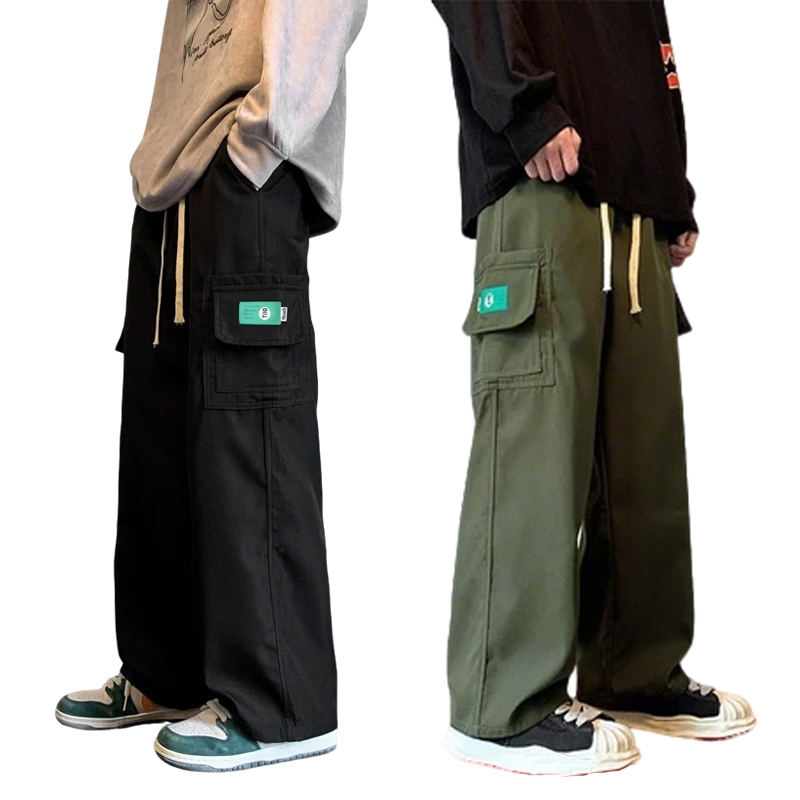 Celana cargo panjang pria baggy straight kulot celana cowok hijau/hitam pinggang karet casual kargo 