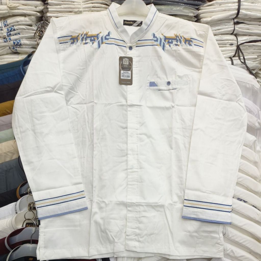 Baju Koko Jumbo / Big Size Syahdika Lengan Panjang Putih Aplikasi  Bordir Motif Terbaru