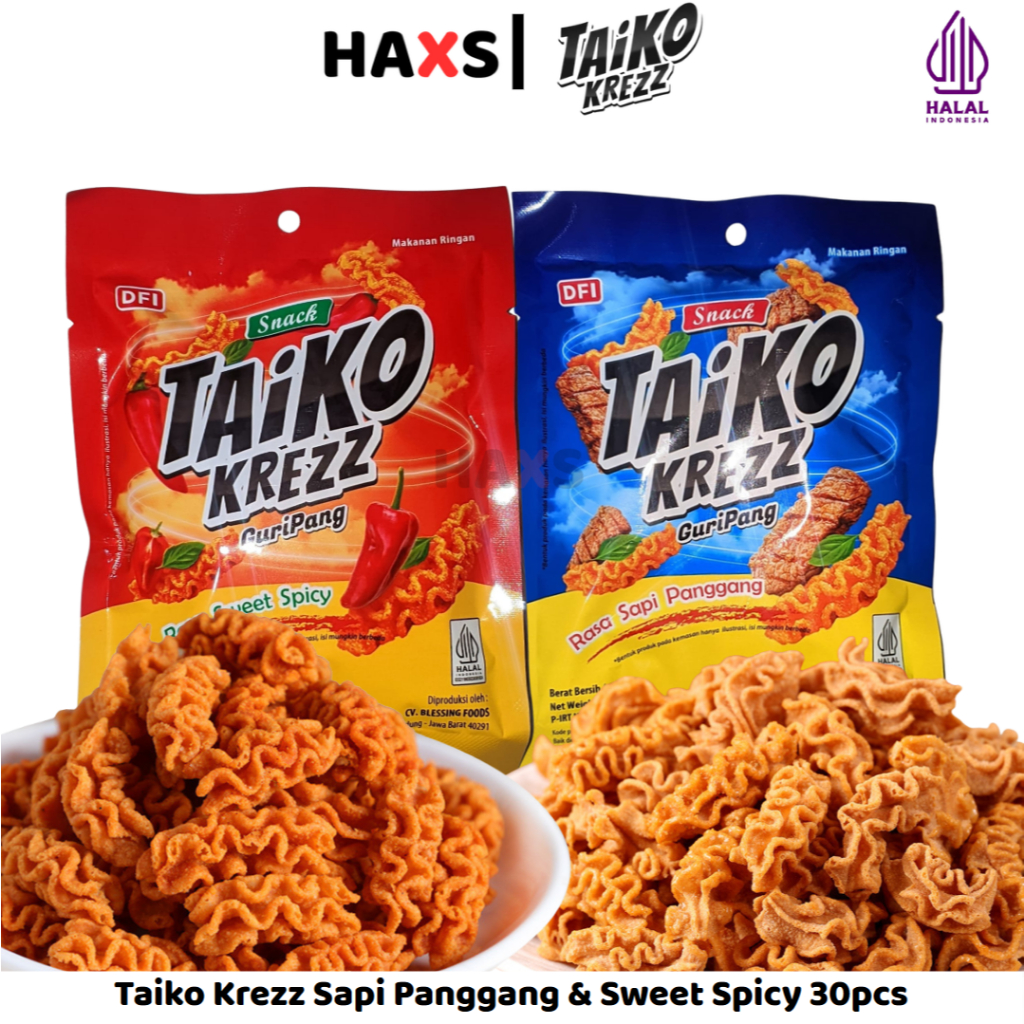 

TAIKO KREZZ GURIPANG 16g – Snack Viral Isi 30 PCS Mix Rasa (Sapi Panggang & Sweet Spicy) | Camilan Renyah & Gurih!