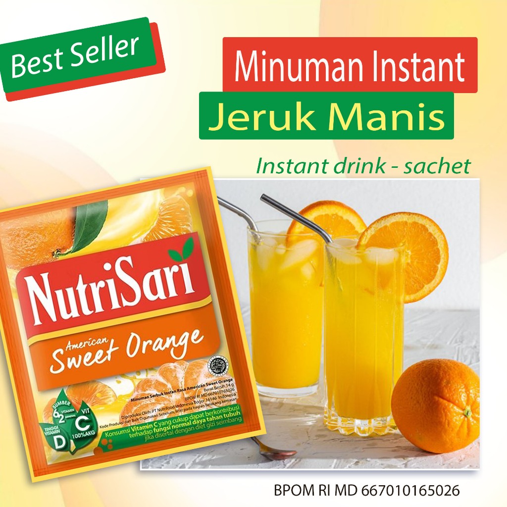 

Best Seller Minuman Segar instant rasa Jeruk Manis Minuman paling banyak diminati rasa jeruknya terasa banget sekali Minum dahaga langsung Hilang dan terasa Segar dibadan ~ Nutrisari minuman instant sachet