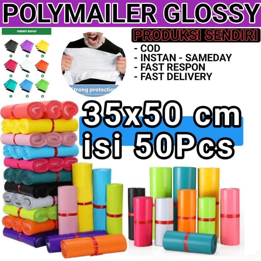 

Plastik Packing 35X50CM Baju Olshop / Polymailer Glossy LDPE ISI 50PCS Tidak Mudah Sobek Lem Perekat