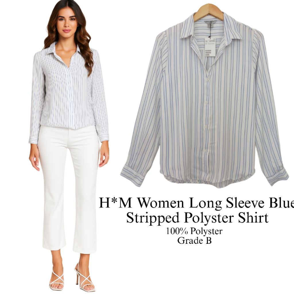 H*M Women Long Sleeve Blue Stripped Polyester Shirt/Kemeja Wanita Branded Fulltaag/Kemeja Grade B