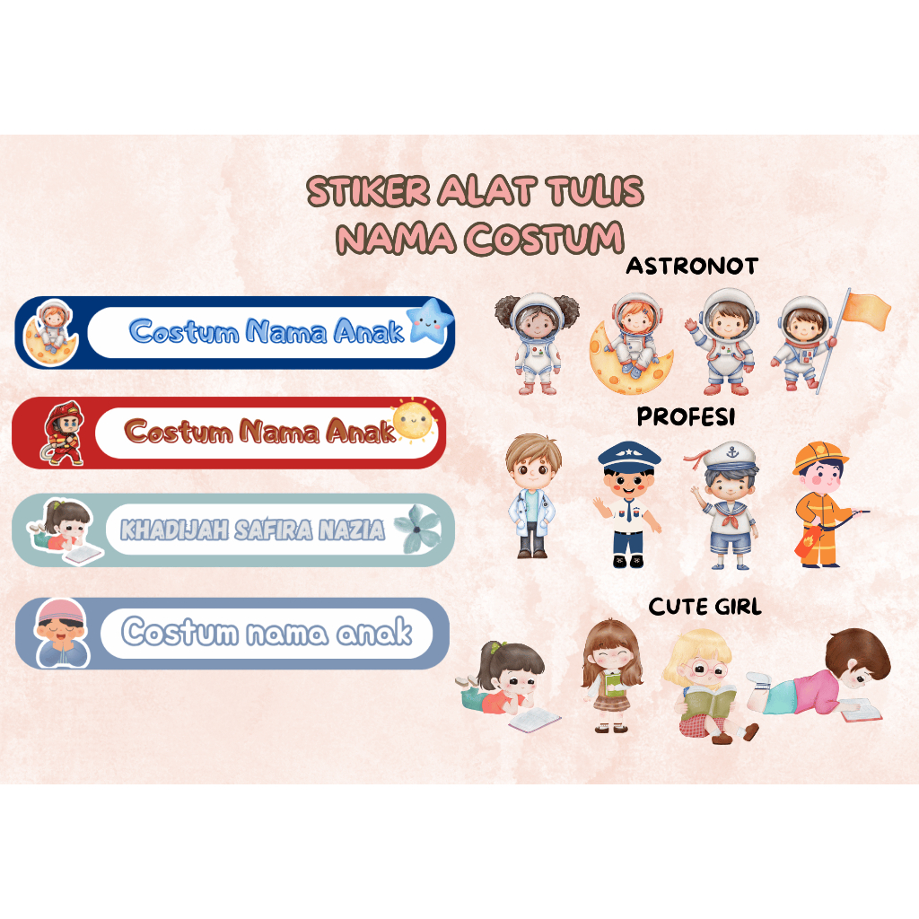 

Stiker Nama Waterproof Cewek Cowok, Label Nama Girl Boy tumbler, kotak pensil, Print and Cut Karakter