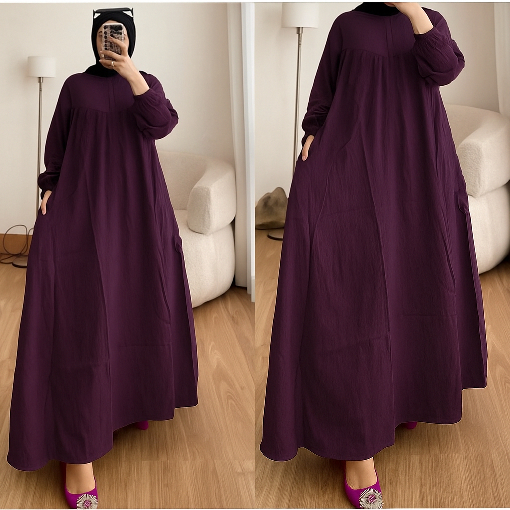 PREMIUM GAMIS CRINKLE JUMBO LD 130 LEBAR MAYUNG PREMIUM TERBARU 2025. GAMIS WANITA ELEGAN MEWAH 2025