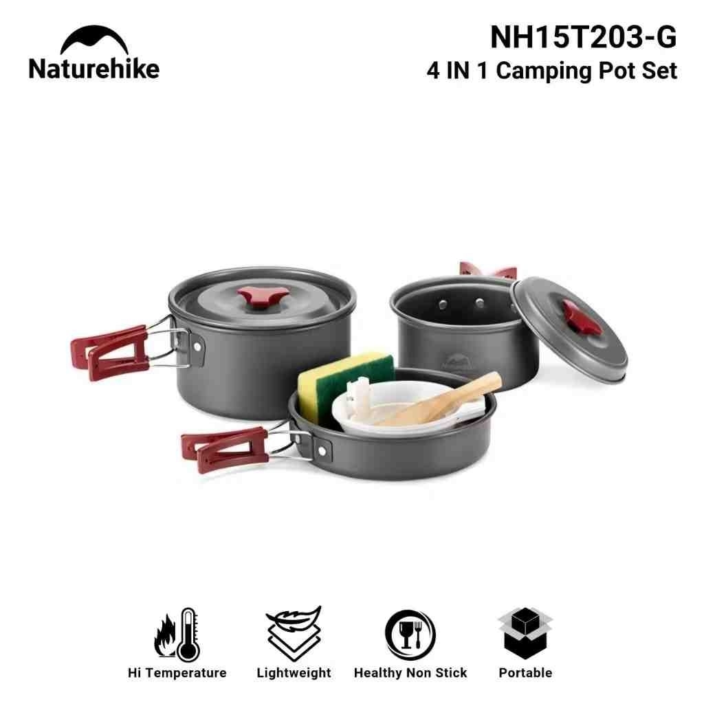 COOKING SET 4 in 1 ALAT MASAK CAMPING NATUREHIKE NH15T203-G PANCI WAJAN OUTDOOR BERKEMAH PIKNIK