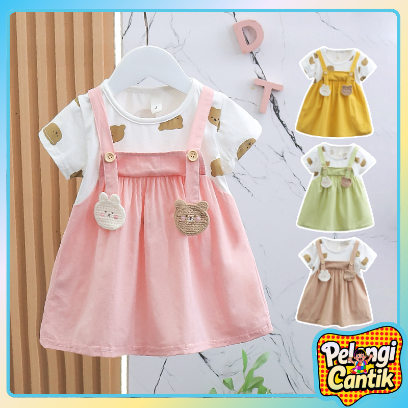 Uisa 3 Bulan - 2 Tahun Baju Dress Bayi Perempuan Bear Dress Anak Perempuan Gaun Rok Kaos Anak Cewek 