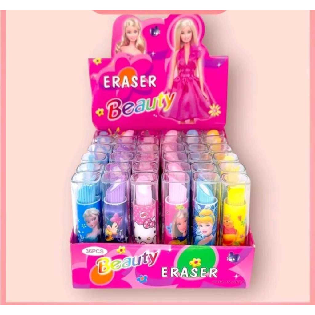 

( PAKET 1 PACK ISI 36 PCS) PENGHAPUS BENTUK LIPSTIK Karakter Kartun Warna Warni / Anak Sekolah