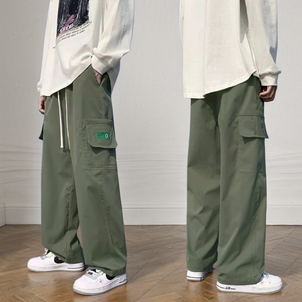 TAMPIL MODIS  celana cargo panjang pria longgar oversize hijau terbaru 2025 baggy straight pants