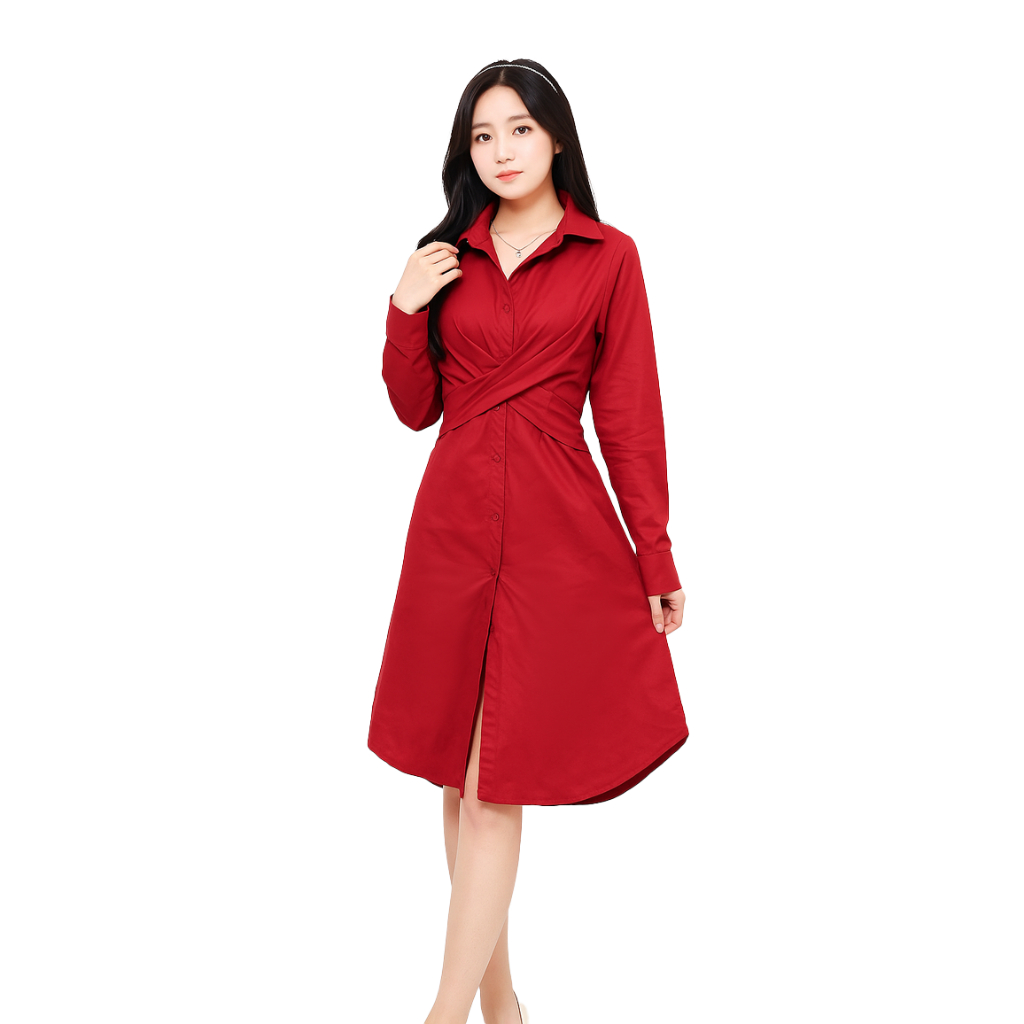 Kemeja Wanita Long Sleeve Midi Maxi Evelynn Dress Bahan Katun Premium - Valerie X MyOutfit