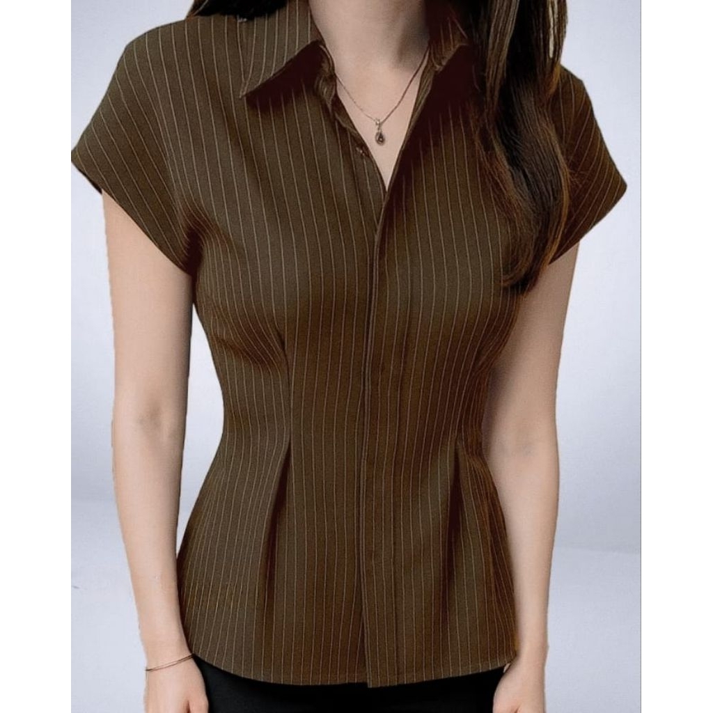 Alba Top / Atasan Wanita Lengan Pendek Pinstripe / Kemeja Wanita Wispie Womens Slim Fit Korean Style