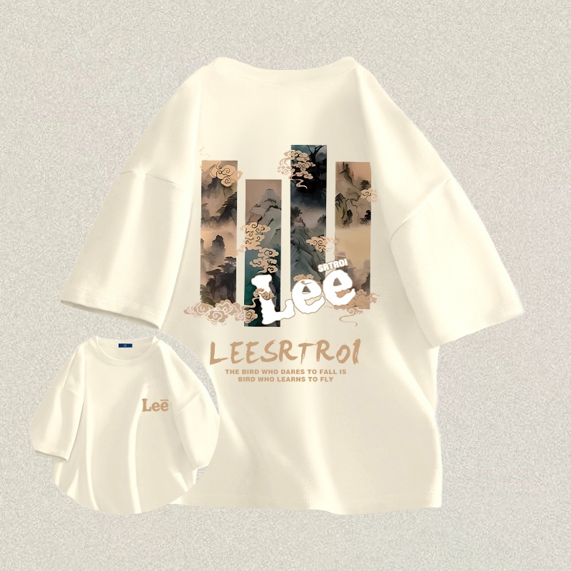 RENELLE Baju Kaos Oversize Pria |  Kaos Aprikot Bermotif LEE  | Kaos Pria Distro Original | Baju Kao