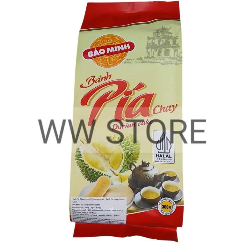 

Cemilan snek makanan ringan kue pia rasa kacang hijau & buah halal MUI BAO MINH Banh Pia Chay Durian Cake 300g ( 6pcs x 50g )
