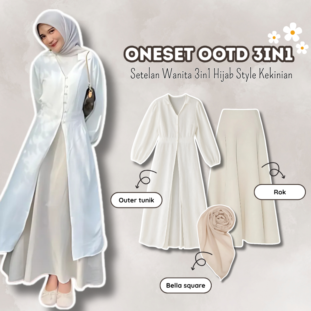 One Set 3in1 Wanita (Tunik , Rok , Bella square) Setelan Kondangan lebaran Kekinian