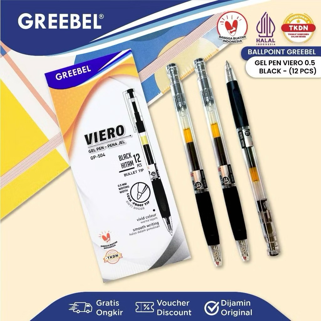 

( 1 PACK ) PULPEN GEL / Gel Pen GP- 504 Viero 0.5 Hitam GREEBEL / Ballpen Gel Ballpoint Bolpen Bolpoin Pena Gel