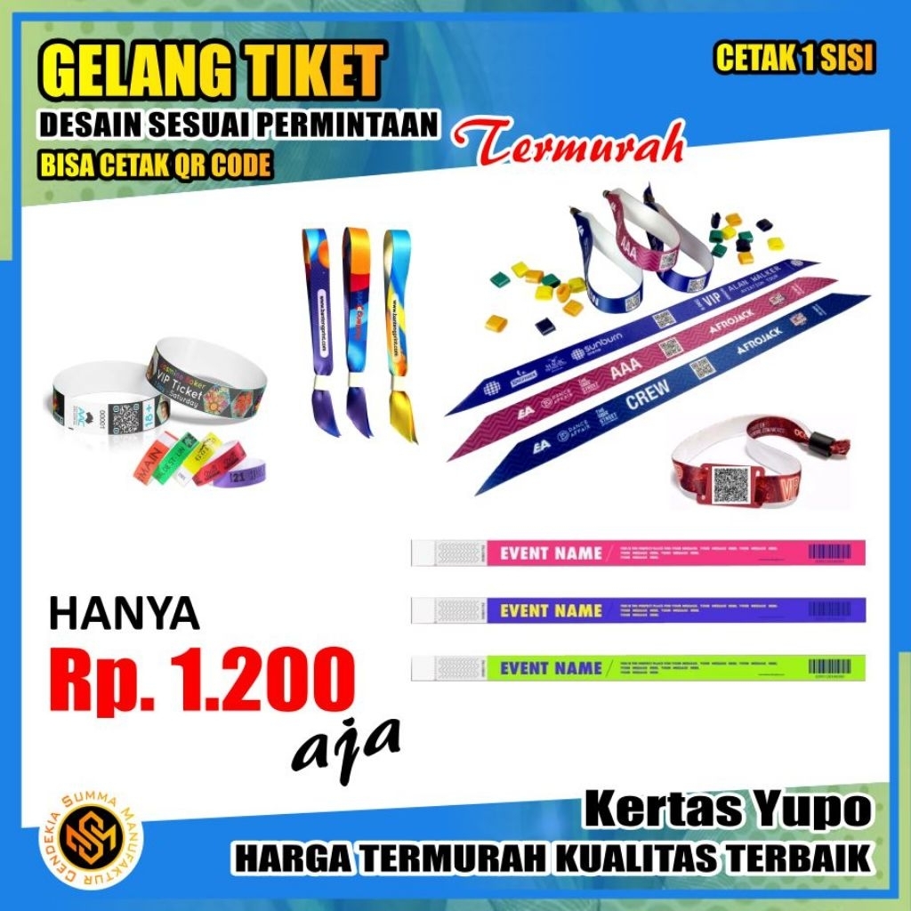 

Gelang Tiket Custom Desain | Cetak 1 Sisi | Bisa Cetak QR Code / Tag | Bahan Kertas Yupo, AP, AP Laminasi