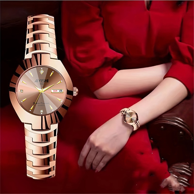 AIYISHI Retro Elegant Dual Calendar Luminescent 30m Water-Resistant Women's Watch Decorated with Rhi
