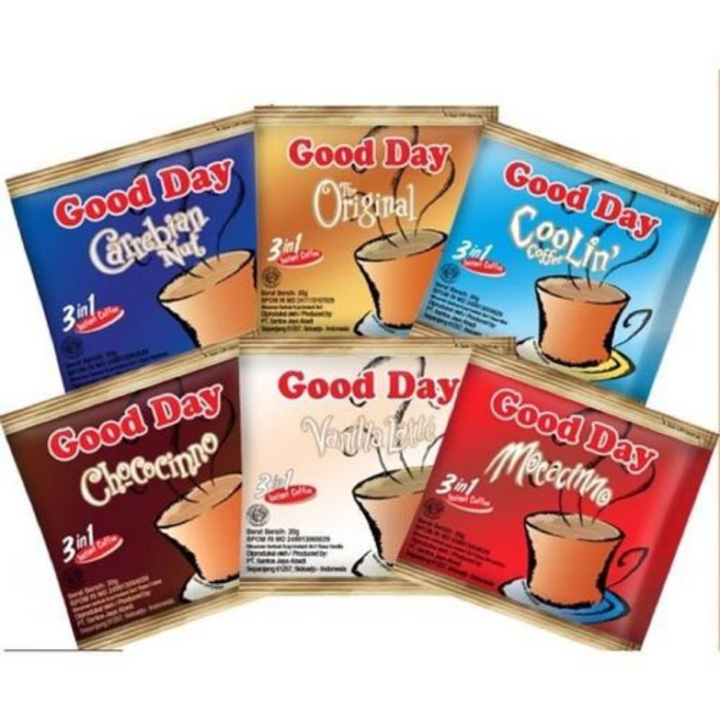

KOPI GOOD DAY MOCACINNO, THE ORIGINAL, VANILLA LATTE, CHOCOCINNO, CARREBIAN NUT, COOLIN 1 RENCENG (10pcs @20Gr)