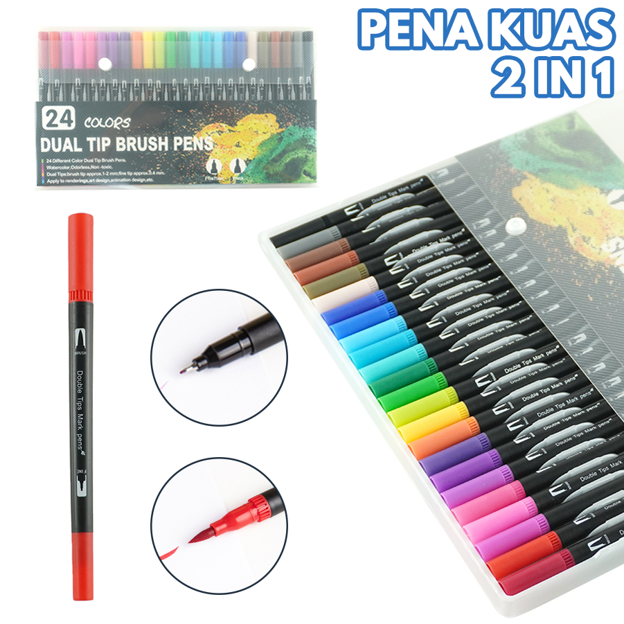 

1 Pack 24 Macam Warna 2 In 1 Spidol & Pena Spidol Double Head Drawing Pen Fine Art YL-030424
