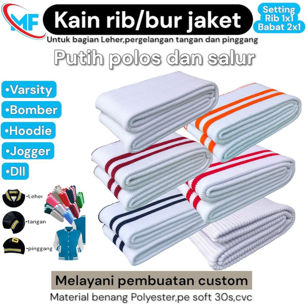KAIN RIB/BUR WARNA PUTIH POLOS DAN GARIS POLYESTER TEBAL PREMIUM,PERLEMBAR