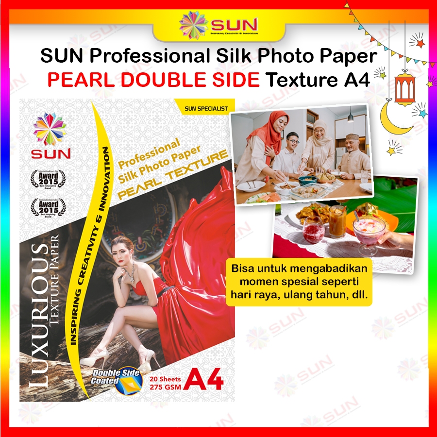 

Kertas Foto DOUBLE SIDE Silky A4 Pearl Texture 275 GRAM - SUN Professional Silky Photo Paper A4 ( Support epson/canon/hp/brother ori/dye/pigment/art paper ink - 664, 003, 673, 790, 810, BT5000, GT51 52, dll)