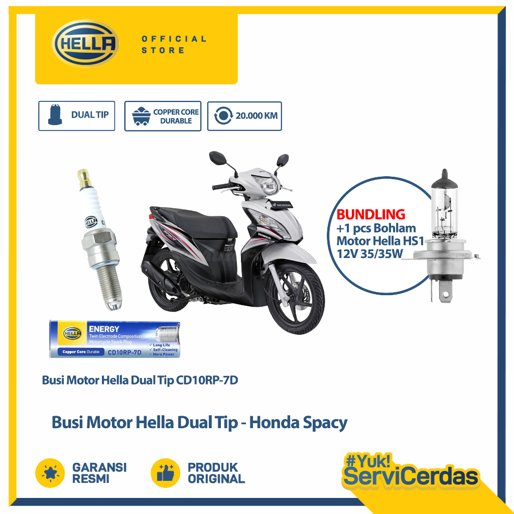Busi Motor Honda Spacy Hella Dual Tip CD10RP-7D Bundling Bohlam Motor HS1 12V 35/35W PX43T - Lampu M