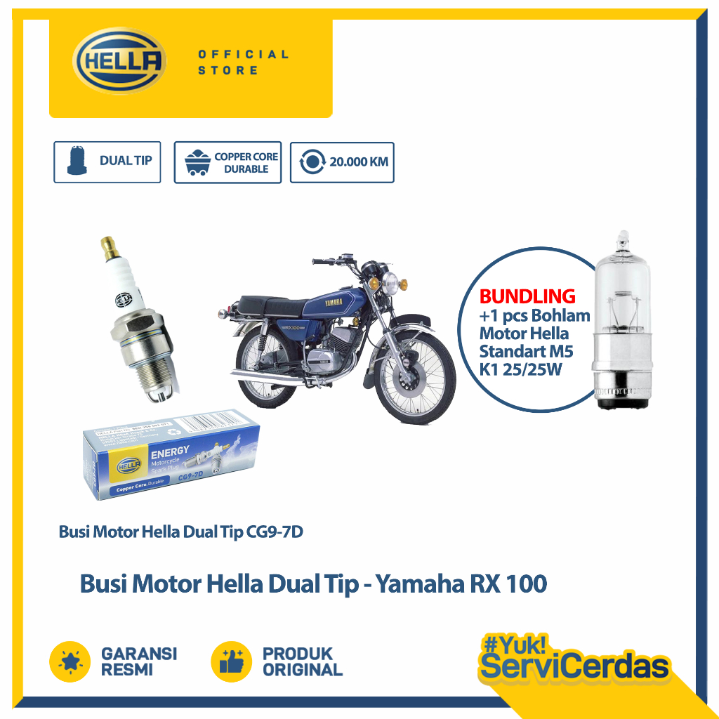 Busi Motor Yamaha RX100 Hella Dual Tip CG9-7D Bundling Bohlam Motor M5 12V 25/25W Standar - Lampu Mo