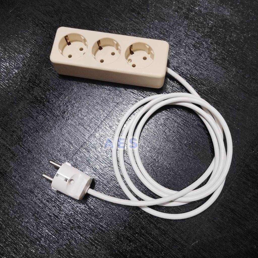 Cok Sambung Rakitan 3 Lubang + Kabel Putih 1-10meter + colokan Bulat