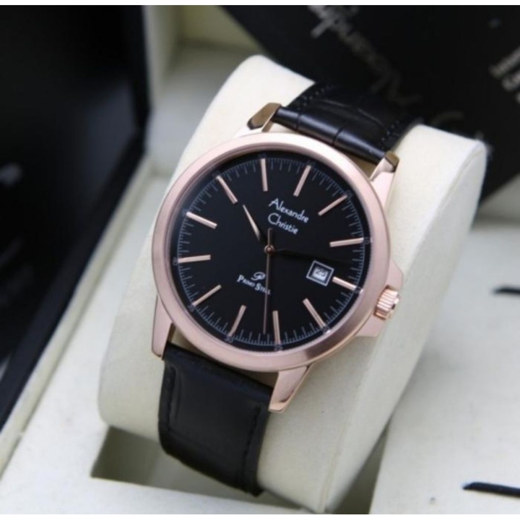 JAM TANGAN PRIA ORIGINAL ALEXANDRE CHRISTIE AC1008MD ROSEGOLD BLACK LEATHER STRAP