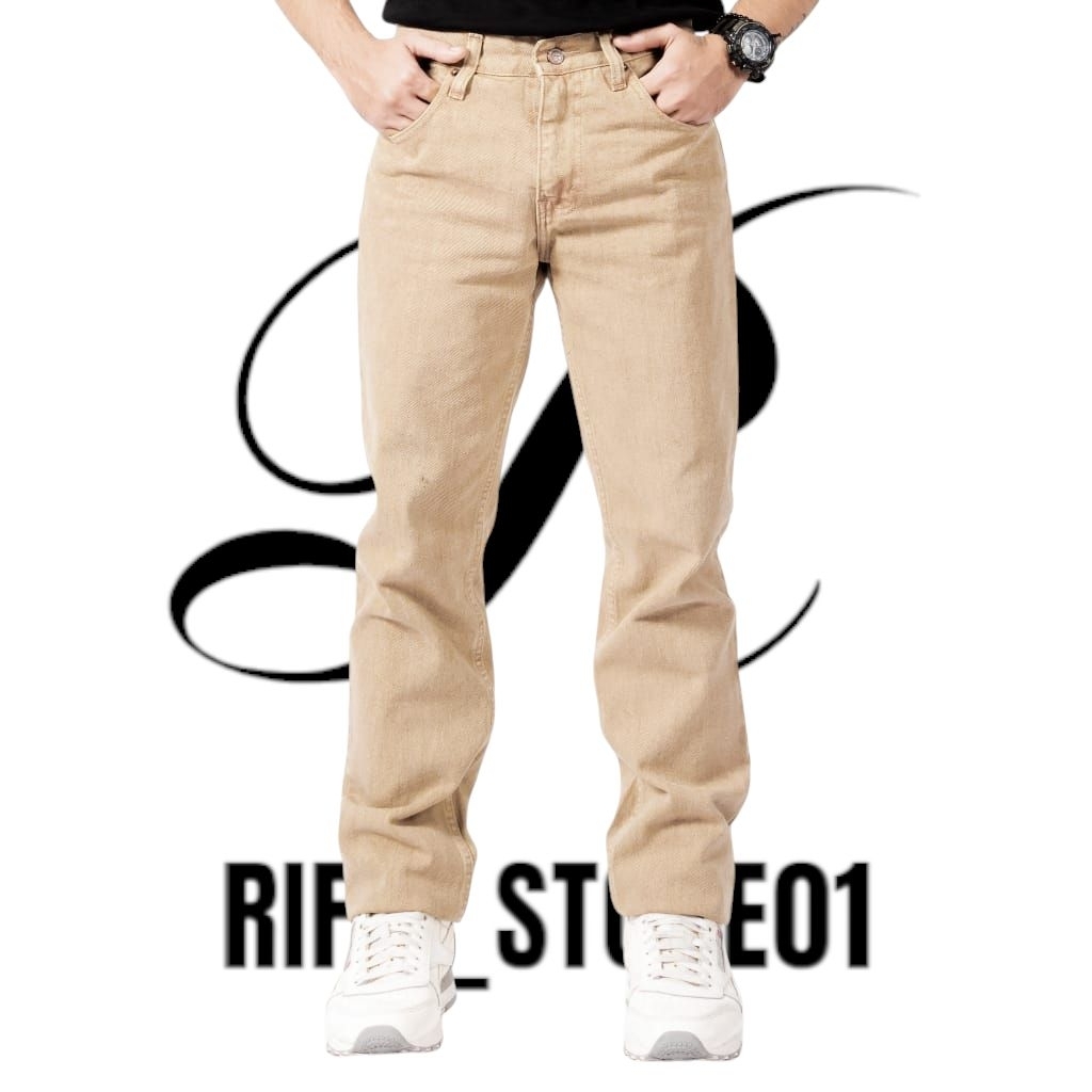 Celana Jeans Pria Standar Reguler Cream Ukuran 28-46 - Celana Jeans Panjang Cream Reguler Denim
