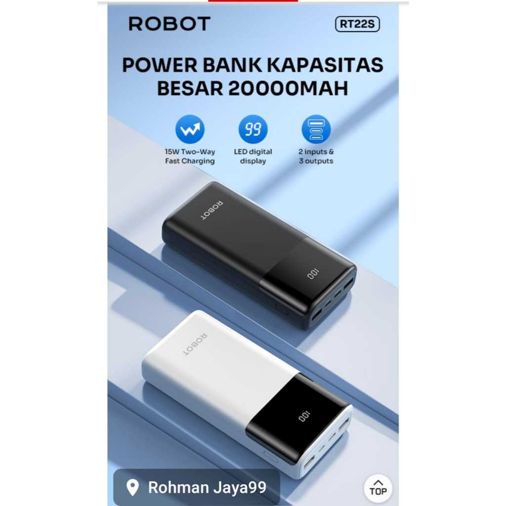 Power Bank 100% ORIGINAL ROBOT RT22 20000 mAh Powerbank LEDLed Dual Port USB Fast Charging Garansi O