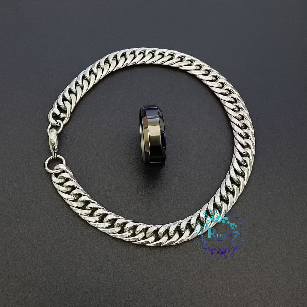 ONE SET GELANG RANTAI RAPAR & CINCIN RING TITANIUM KOMBINSASI  Styel Terbaru Accessories COWOK - CEW