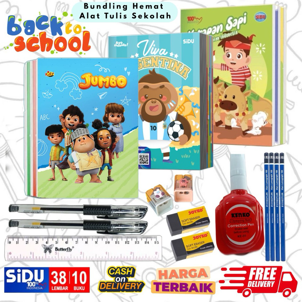 

Paketan Lengkap Buku Tulis Sekolah || Buku Sidu 38 lembar, Joyko / Keyko, Pensil 2b, Tipe-x, Penggaris Butterfly, Serutan, Penghapus, SD - SMP Siap Pakai