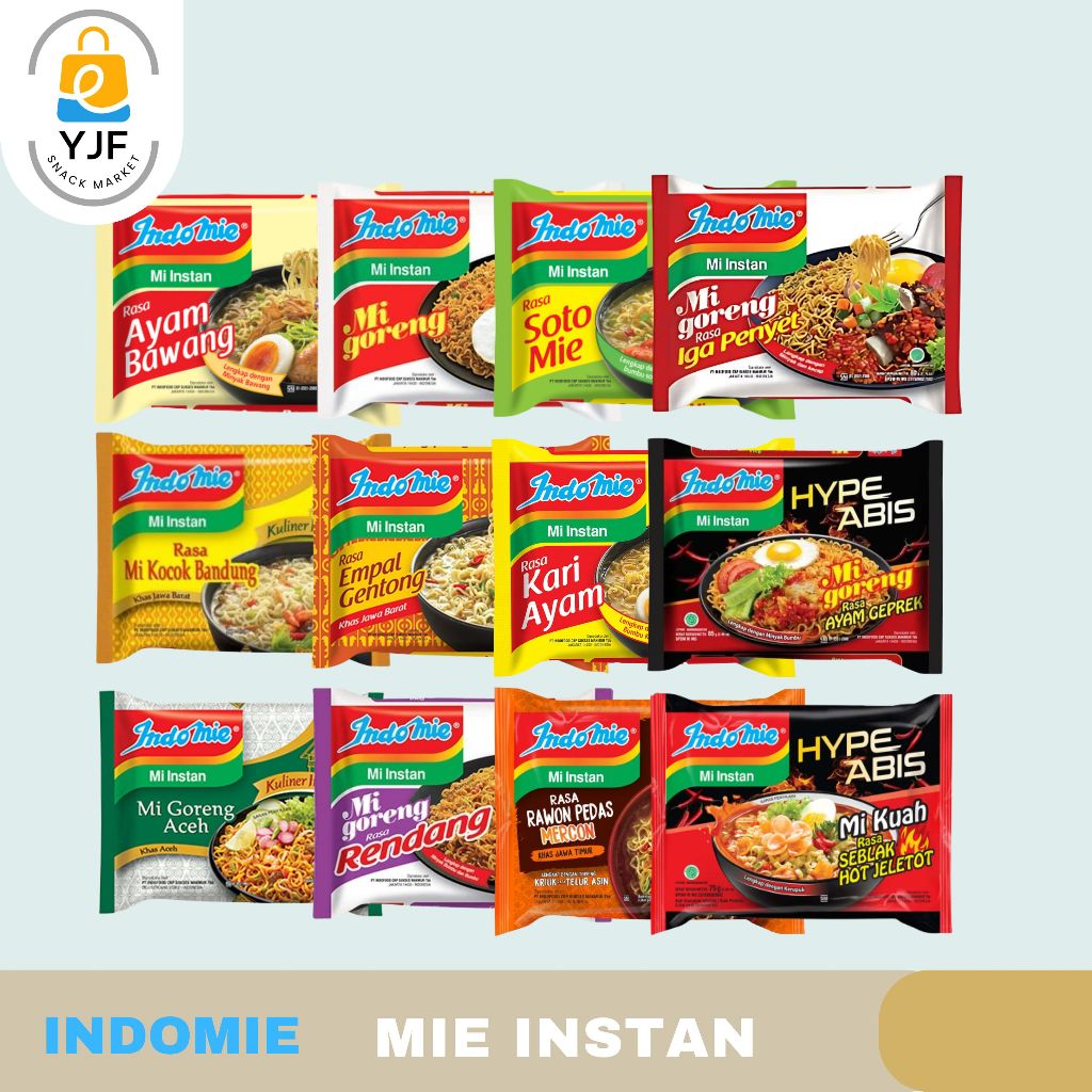 

Indomie Mie Instan Goreng / Kuah - Mi Instan Rasa Ayam Bawang / Soto Mie / Ayam Geprek / Mie Rendang / Mie Aceh / Mie Kocok Bandung / Mie Empal Gentong / Seblak Hot Jeletot / Iga Penyet / Kari Ayam / Rawon Pedas Mercon
