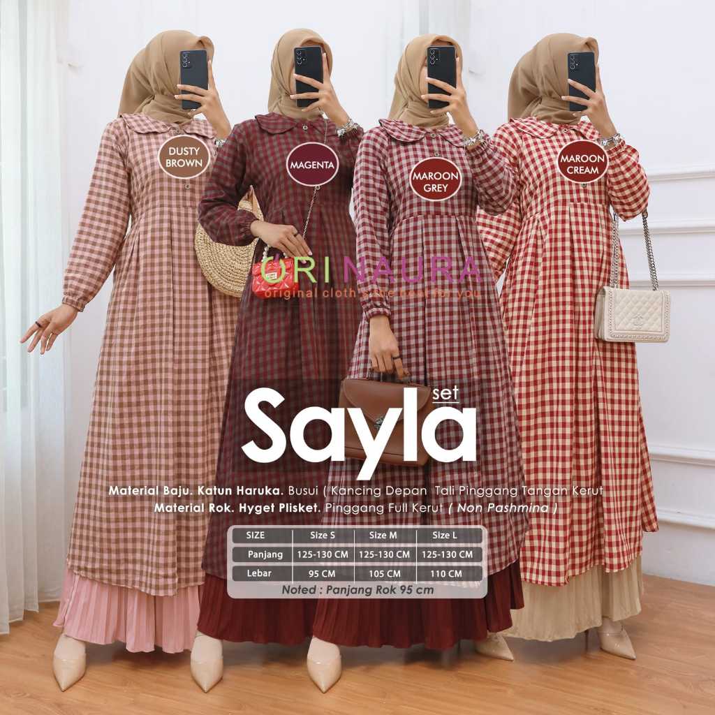 One Set Long Tunik Katun Haruka Kotak Kotak  Rok Plisket || Kafiah Set Rok By Ori Naura