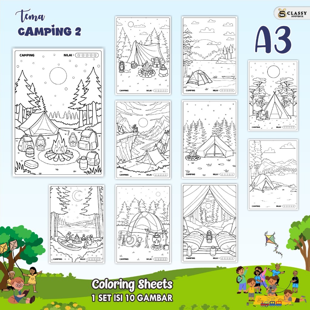 

LEMBAR GAMBAR MEWARNAI A3 BAGIAN TEMA CAMPING - KERTAS MEWARNAI ANAK - COLORING SHEETS FOR KIDS