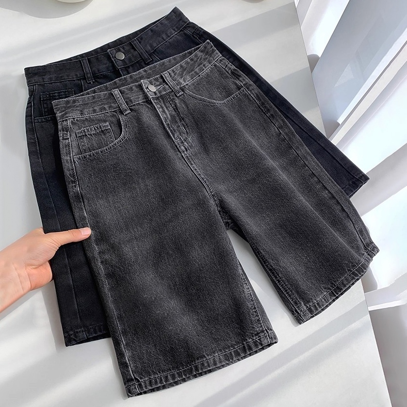 <elegan.girl> Celana Jeans Abu-abu Hitam Kasual Celana Pendek Denim Wanita / Highwaist Korea Style j