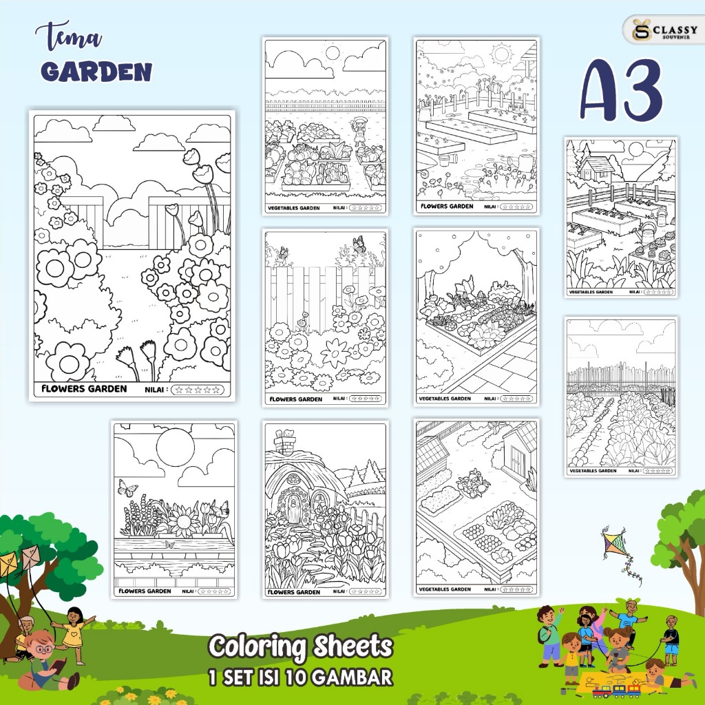 

LEMBAR GAMBAR MEWARNAI A3 BAGIAN TEMA GARDEN - KERTAS MEWARNAI ANAK - COLORING SHEETS FOR KIDS