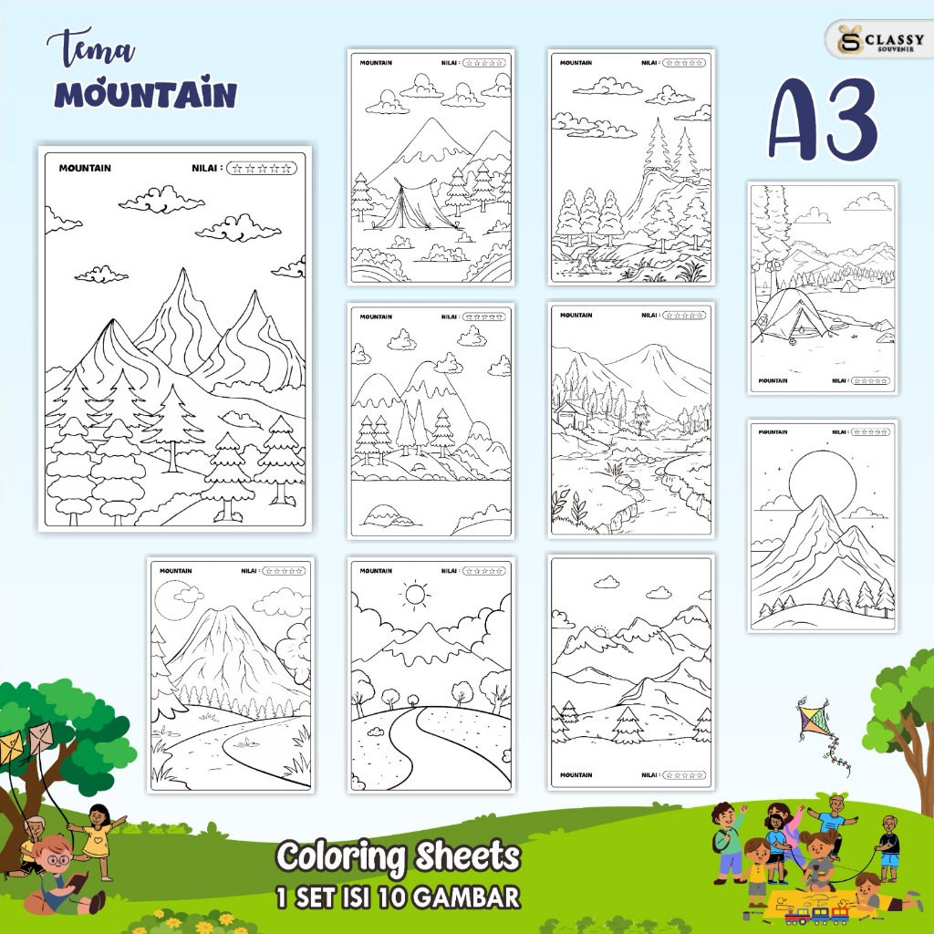 

LEMBAR GAMBAR MEWARNAI A3 BAGIAN TEMA MOUNTAIN - KERTAS MEWARNAI ANAK - COLORING SHEETS FOR KIDS