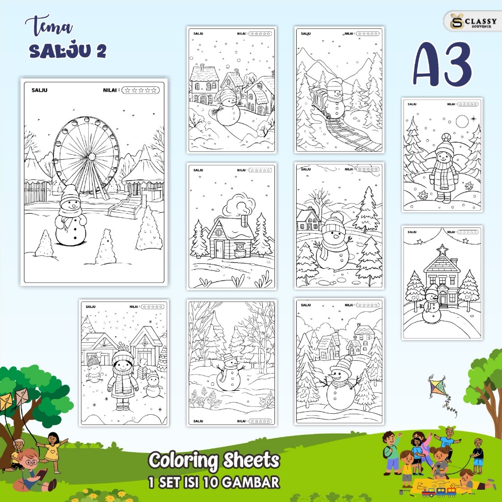 

LEMBAR GAMBAR MEWARNAI A3 BAGIAN TEMA SALJU - KERTAS MEWARNAI ANAK - COLORING SHEETS FOR KIDS