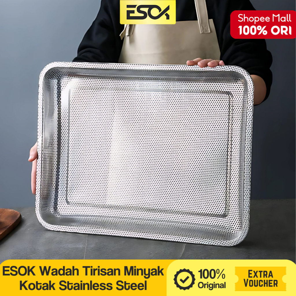 ESOK Wadah Tirisan Minyak Kotak Stainless Steel Tempat Saringan Minyak
