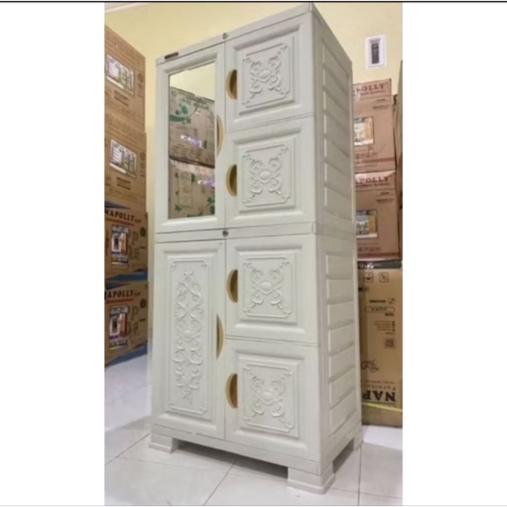lemari pakaian plastik napolly tingkat 4/lemari napolly tingkat 4 pakai kaca