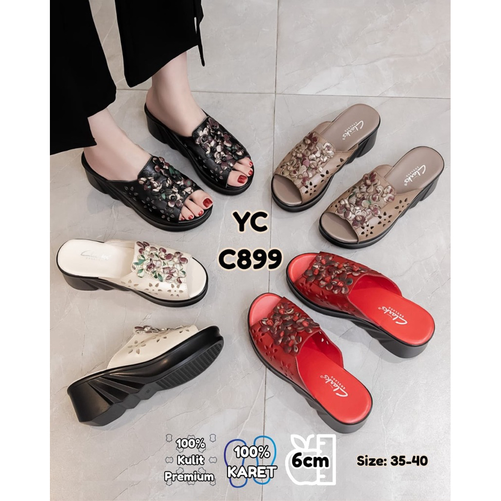 Sendal wedge clarks C899 flower leather platform 6cm