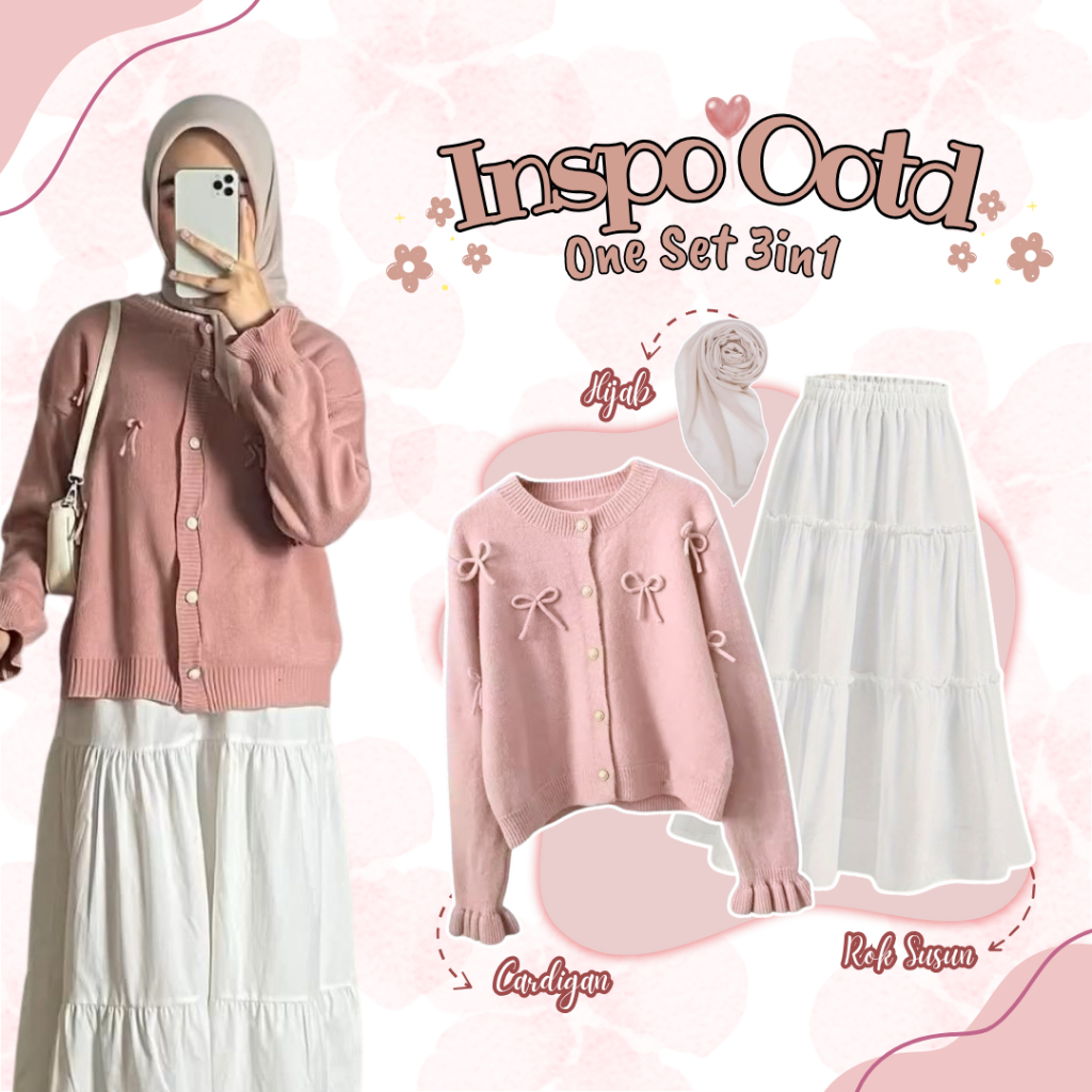 Inspo Ootd One Set 3in1 ( Cardigan Pita Rajut Pink - Hijab Bella Square - Rok Susun Putih ) Setelan 