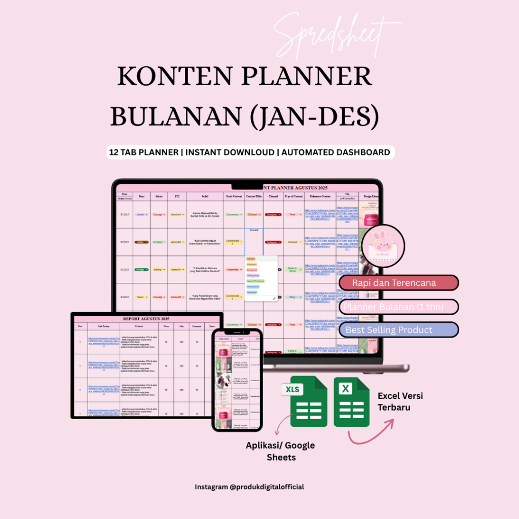 Template Content Planner Instagram & TikTok – Jadwal Konten + Report Harian Bulanan