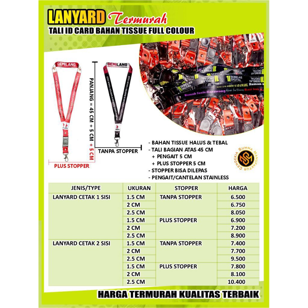 

[TERMURAH] Lanyard Tali ID Card Custom Tissue Tisu Kalung Full Colour - Lebar 1,5 CM 2 CM 2,5 CM Cetak 1 sisi atau 2 Sisi Plus Stopper