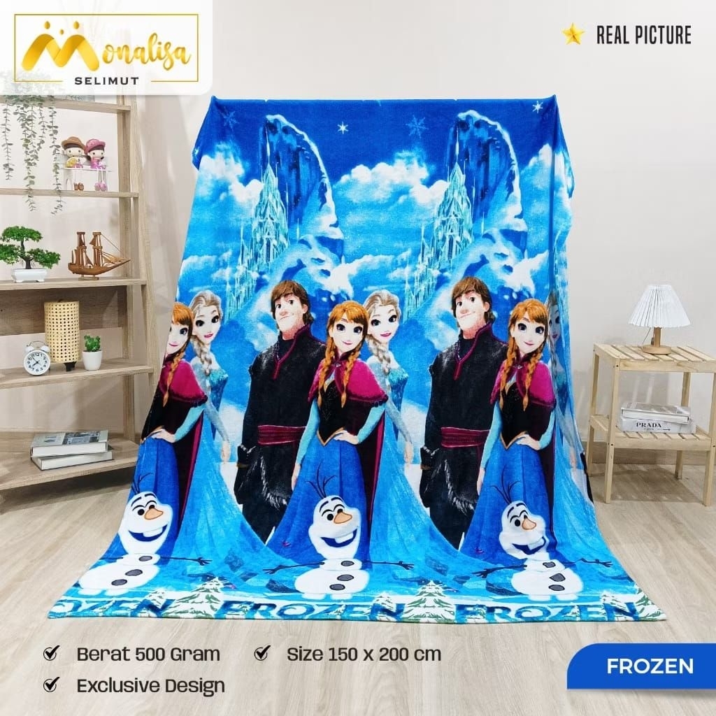 Selimut premium Monalisa 150x200 motif Frozen Anna elsa olaf